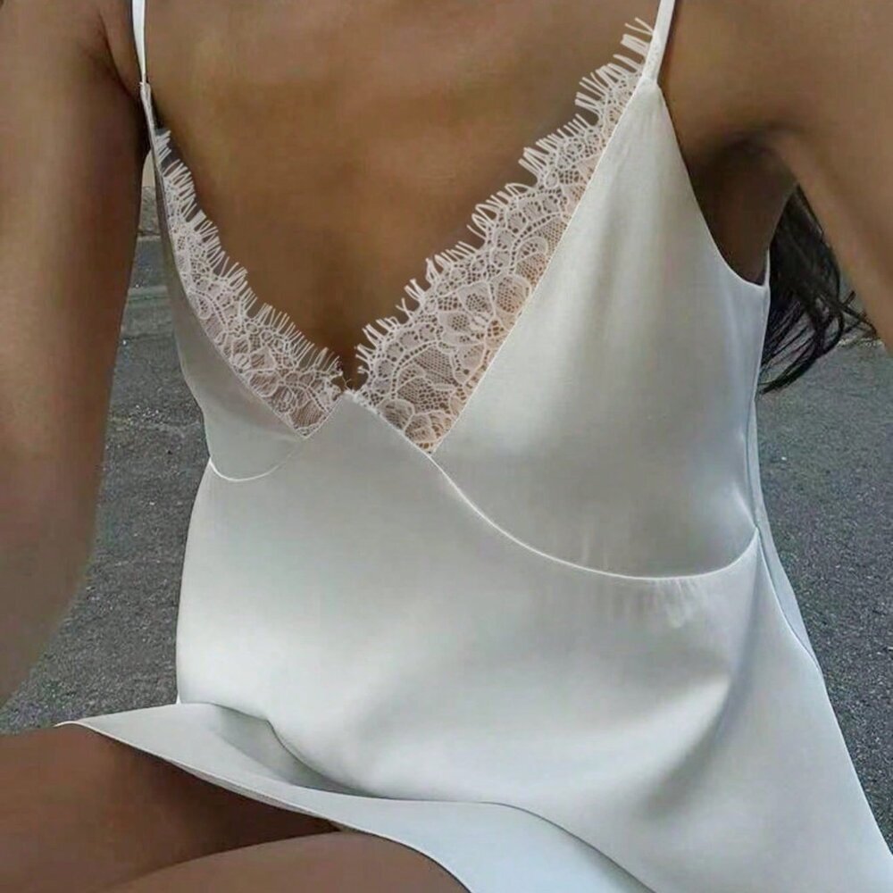 White Sexy Women's Lace Satin Backless Mini Dress - Picture 4 of 5